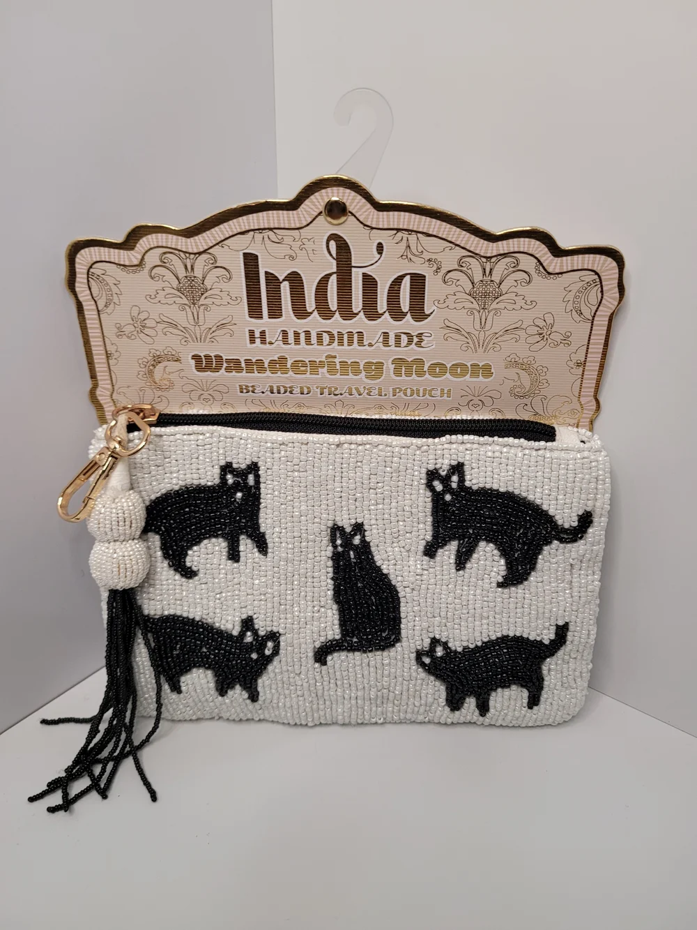 👉✨️ Made In India Handmade White Beaded Cat Wallet Pouch